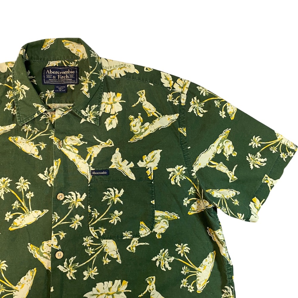 Abercrombie & Fitch Mens Large Green Hula‎ Dancer Tropical Cotton Camp Shirt L